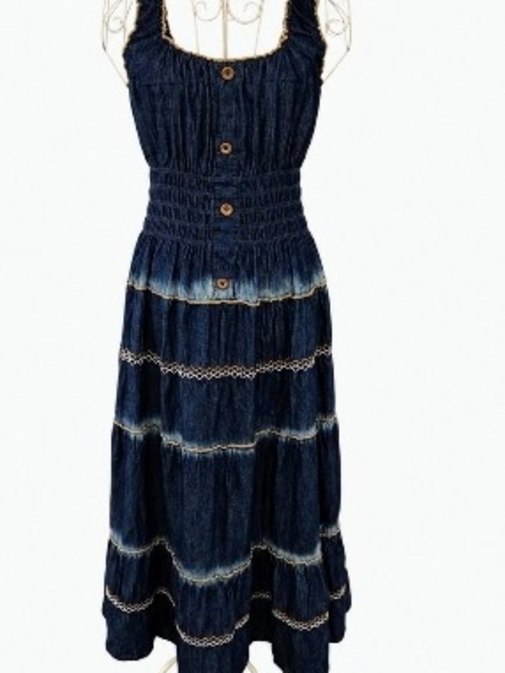 Smocked Tiered Navy Maxi Dress with Button Front